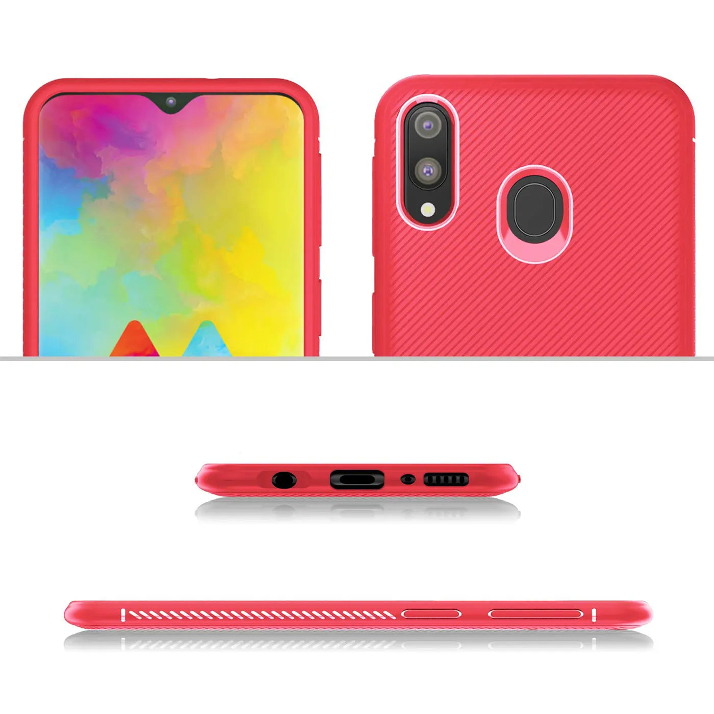 Rote Hülle für Samsung Galaxy M20, von vorne, hinten, unten und Seite gezeigt.
