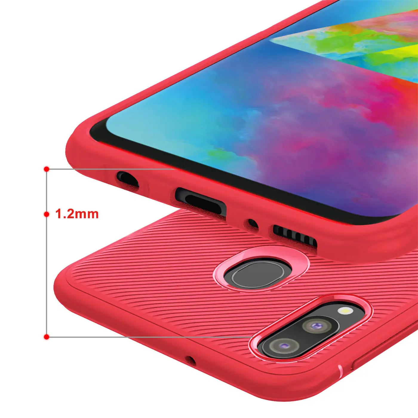 Rote Hülle aus Kunststoff, Nahaufnahme, zeigt Samsung Galaxy M20 mit 1,2mm Dicke