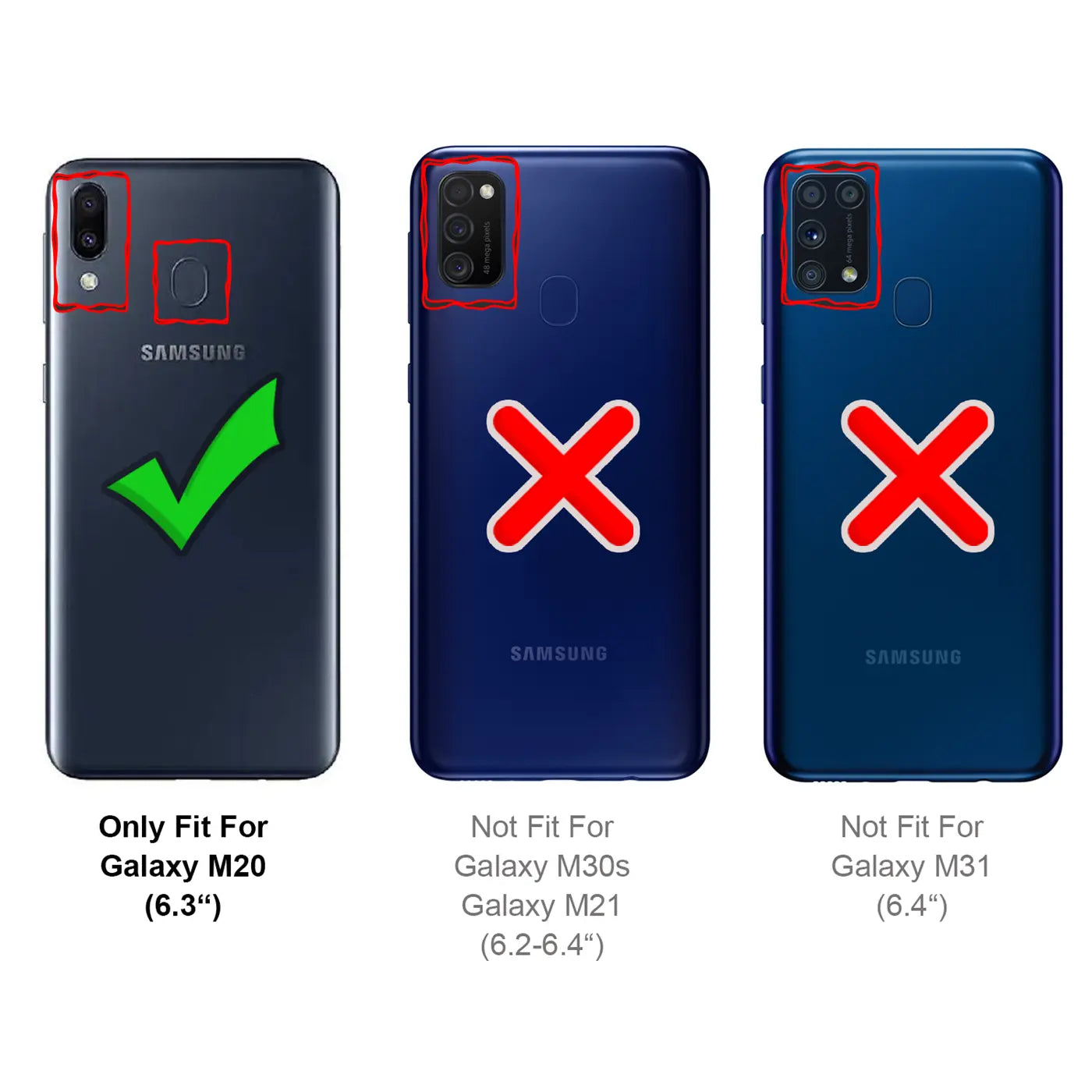 Rückseiten von drei Samsung-Smartphones: links Galaxy M20 mit Häkchen, rechts zwei Modelle mit Kreuz.