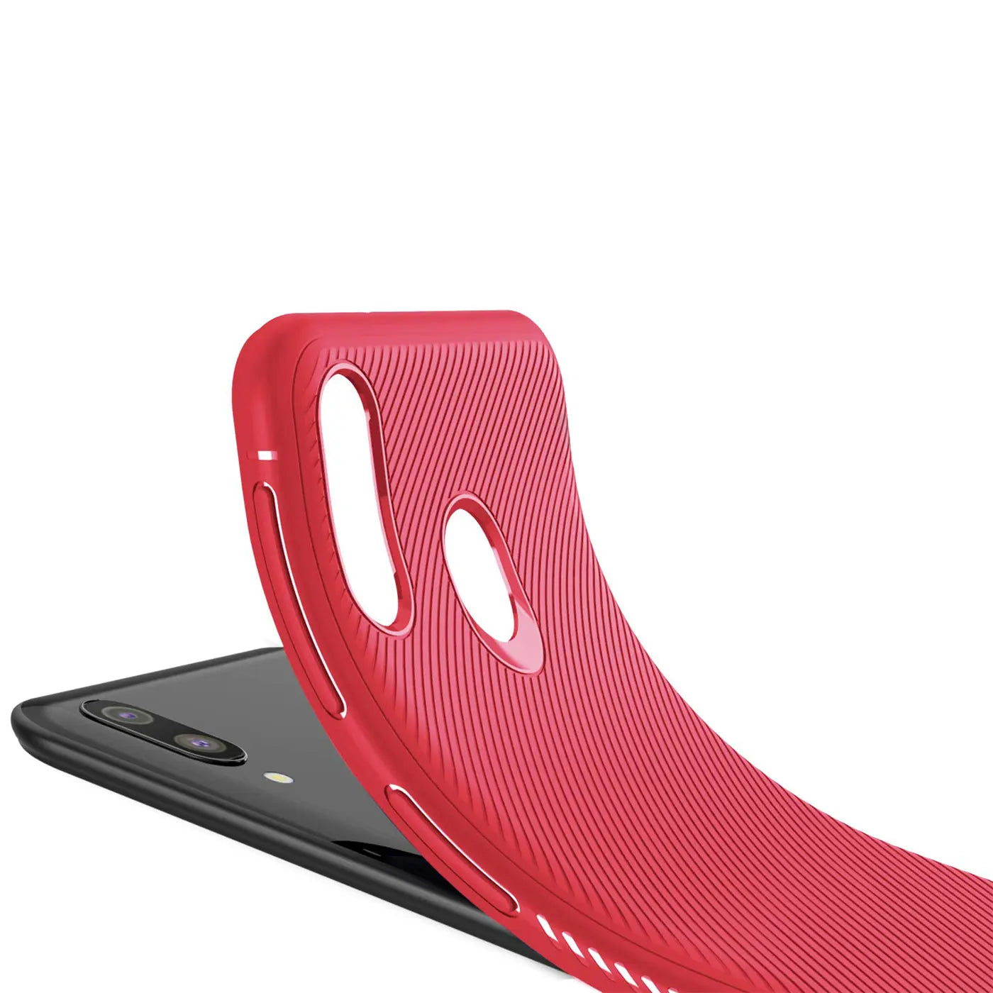 Rote Silikonhülle mit Rillenmuster, von oben auf ein schwarzes Samsung Galaxy M20 aufgelegt.