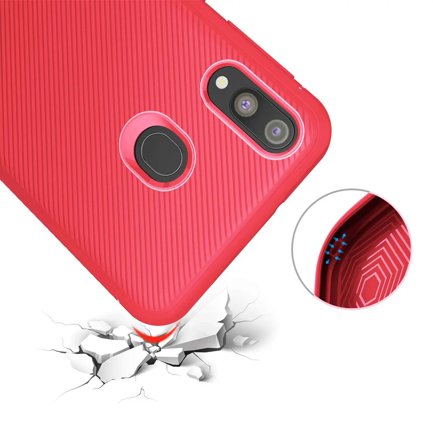 Rote Hülle aus Gummi für Samsung Galaxy M20, Nahaufnahme, Rückseite mit Kamera und Fingerabdrucksensor.