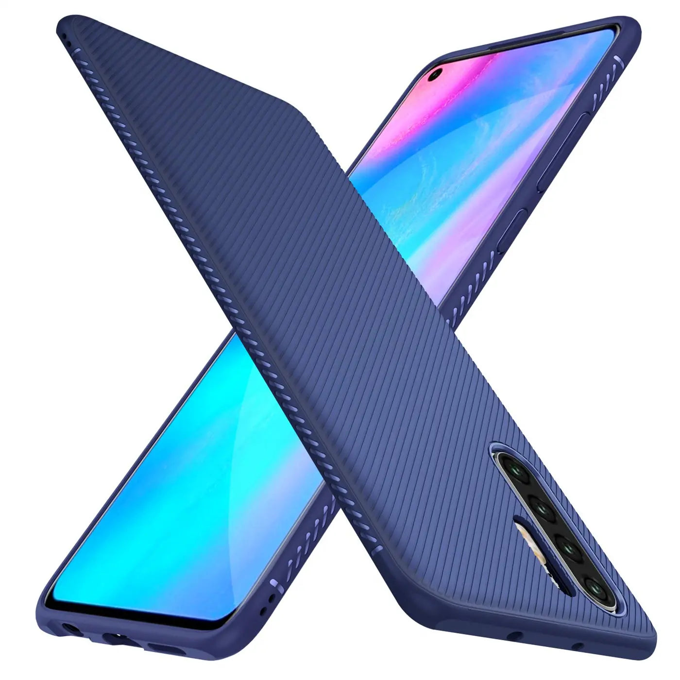 Dunkelblaue Handyhülle aus Kunststoff mit Rillenmuster, seitliche Ansicht, Samsung Galaxy Note 10.