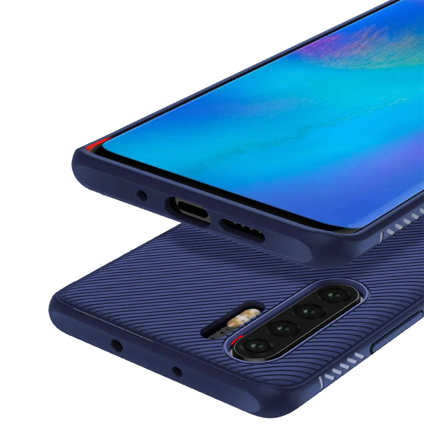 Dunkelblaue Handyhülle aus Kunststoff, Nahaufnahme, Samsung Galaxy Note 10 mit Kamera.