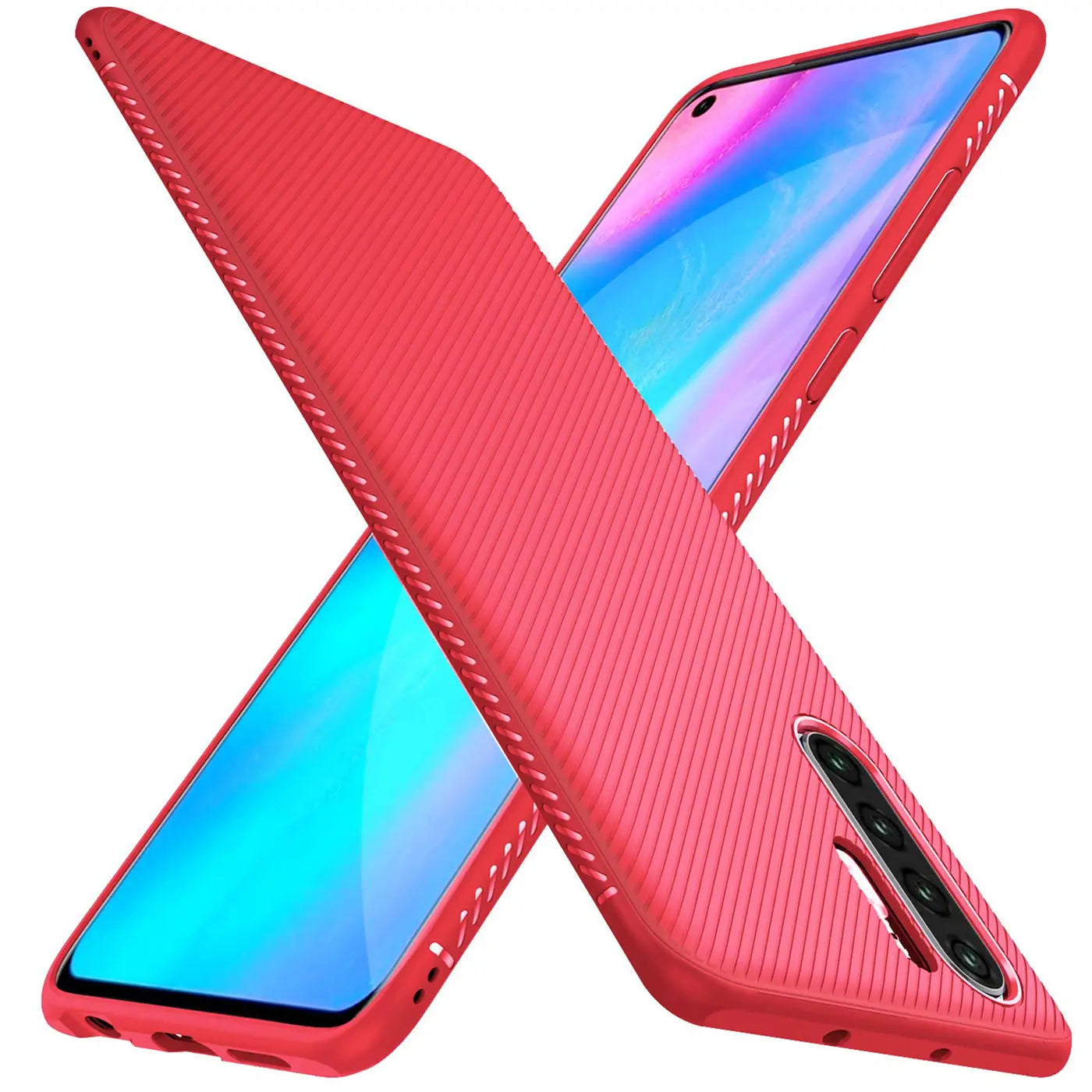 Rote Slim-Hülle aus Kunststoff mit gerillter Textur, zeigt ein Samsung Galaxy Note 10 von schräg oben.