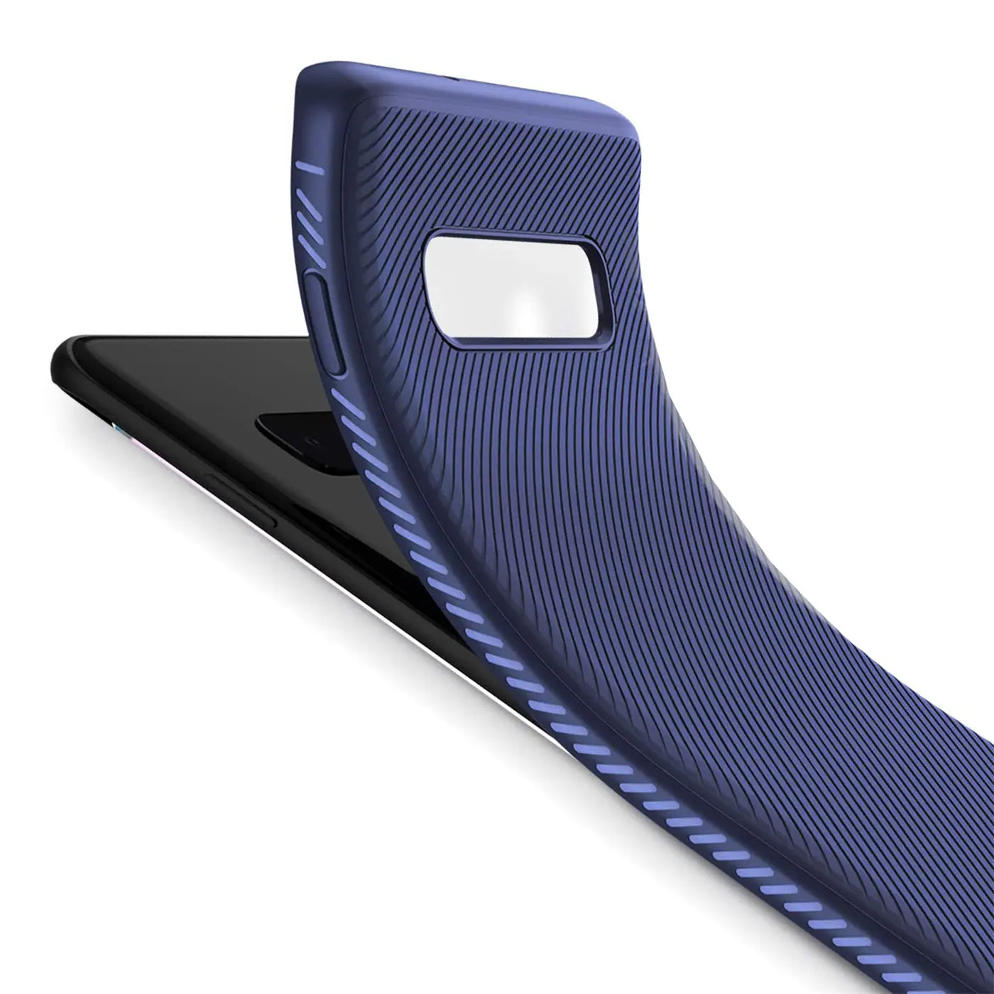 Dunkelblaue Silikonhülle mit Rillenmuster, von schräg oben auf ein Samsung Galaxy S10 gelegt.