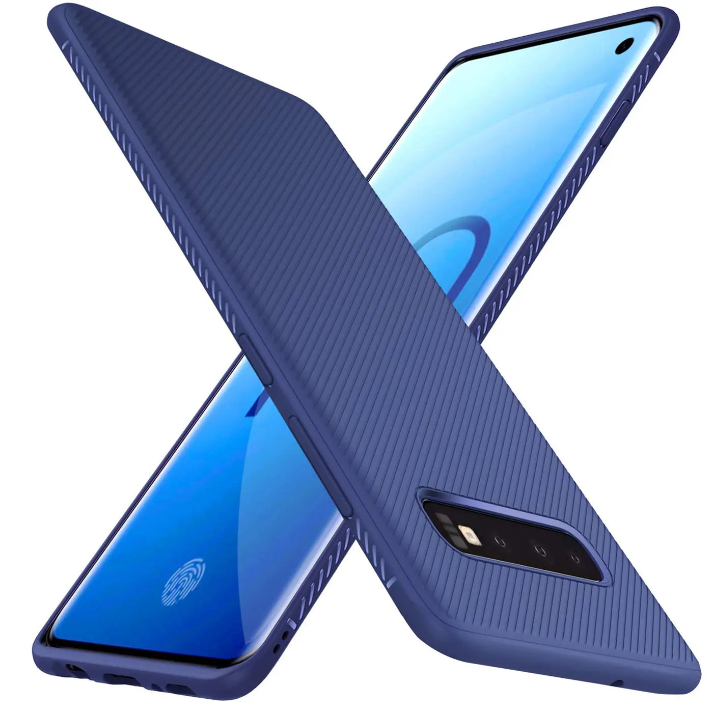 Blaue Handyhülle aus Kunststoff, schräg von oben, mit Samsung Galaxy S10 Plus.