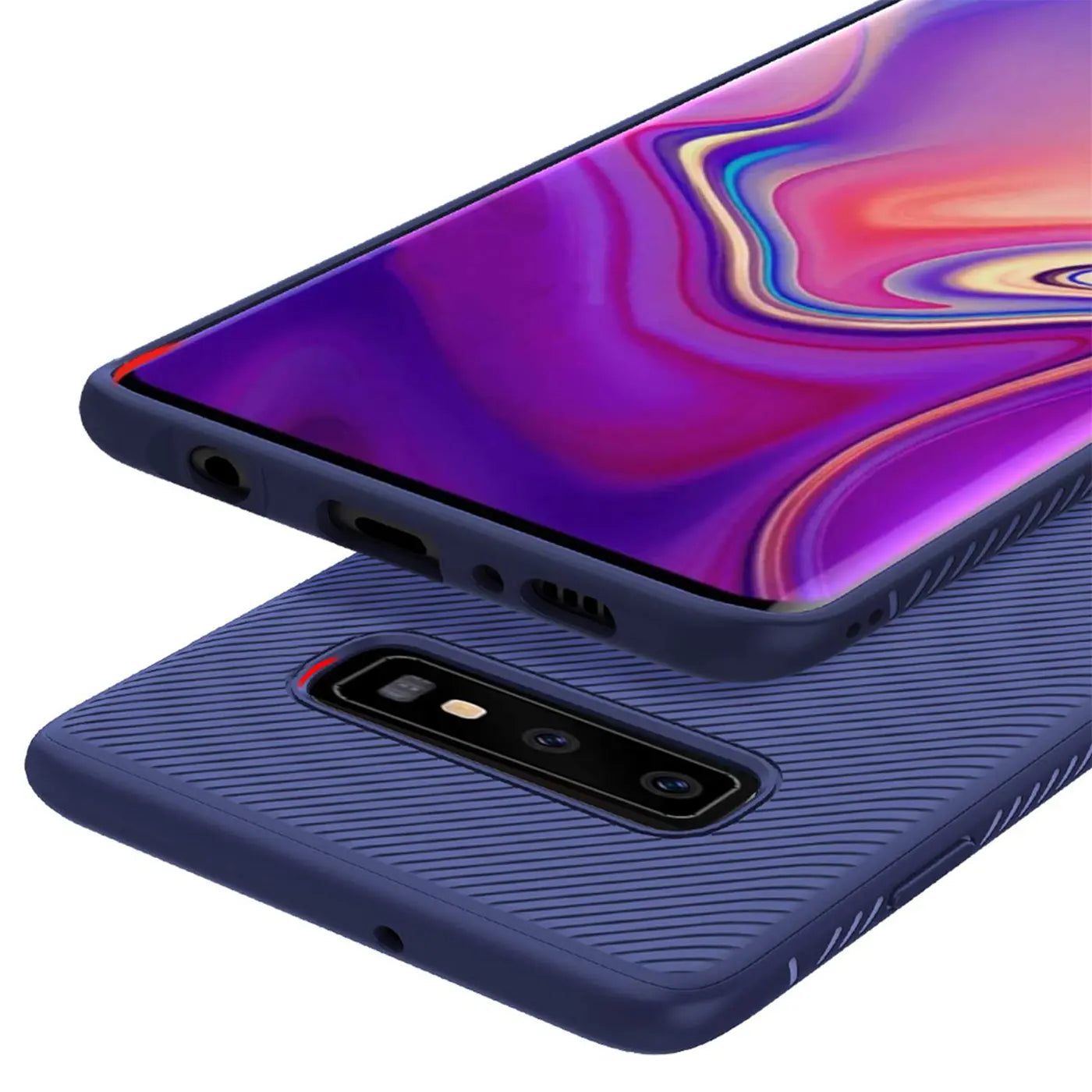 Dunkelblaue Hülle aus Kunststoff mit gerippter Textur, zeigt Samsung Galaxy S10 Plus von hinten.