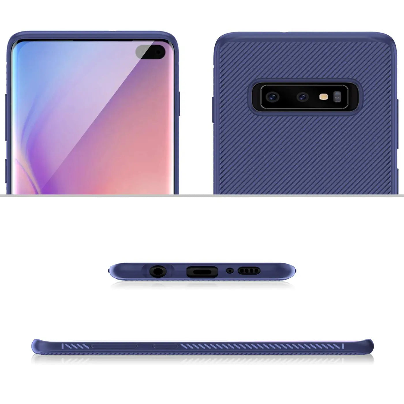 Dunkelblaue Handyhülle aus Kunststoff für Samsung S10 Plus, verschiedene Ansichten.
