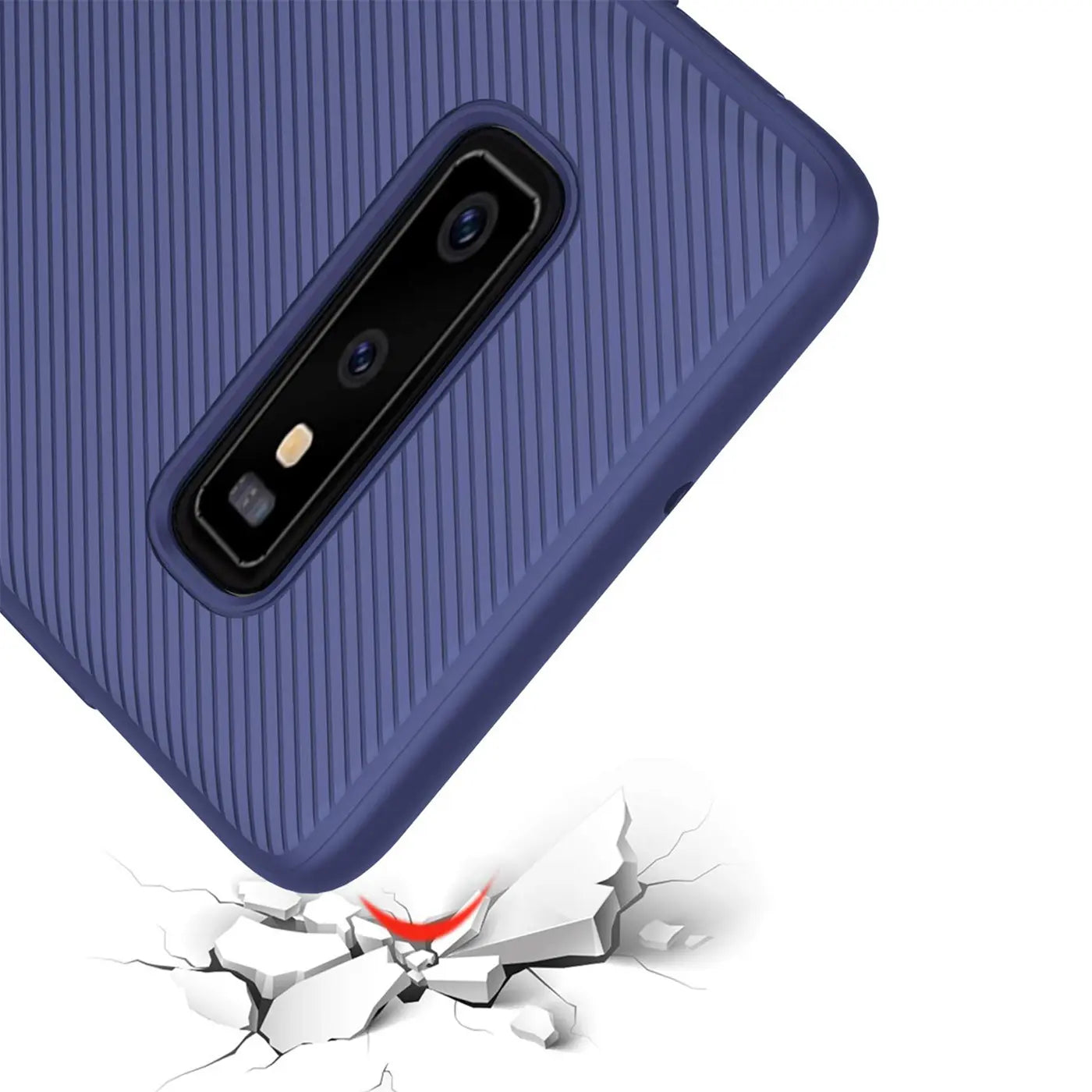 Blaue Silikonhülle mit Rillenmuster für Samsung S10 Plus, Nahaufnahme, Rückseite mit Kamera