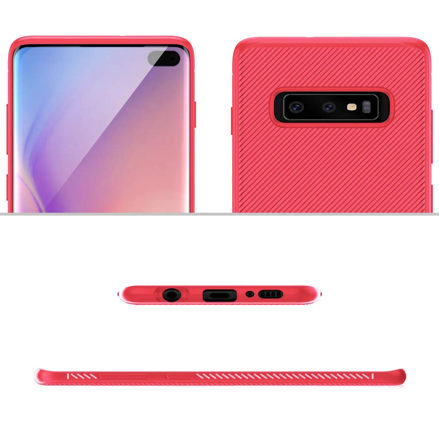 Rote Hülle aus Kunststoff für Samsung Galaxy S10 Plus, Rückansicht, Unterseite, Seitenansicht.