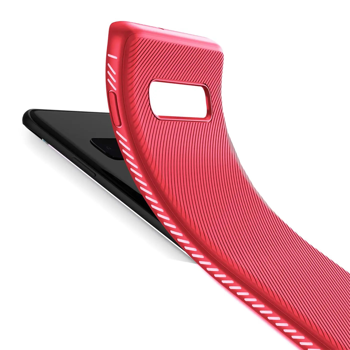 Rote Hülle mit Rillenmuster, Nahaufnahme, Samsung S10 Plus erkennbar