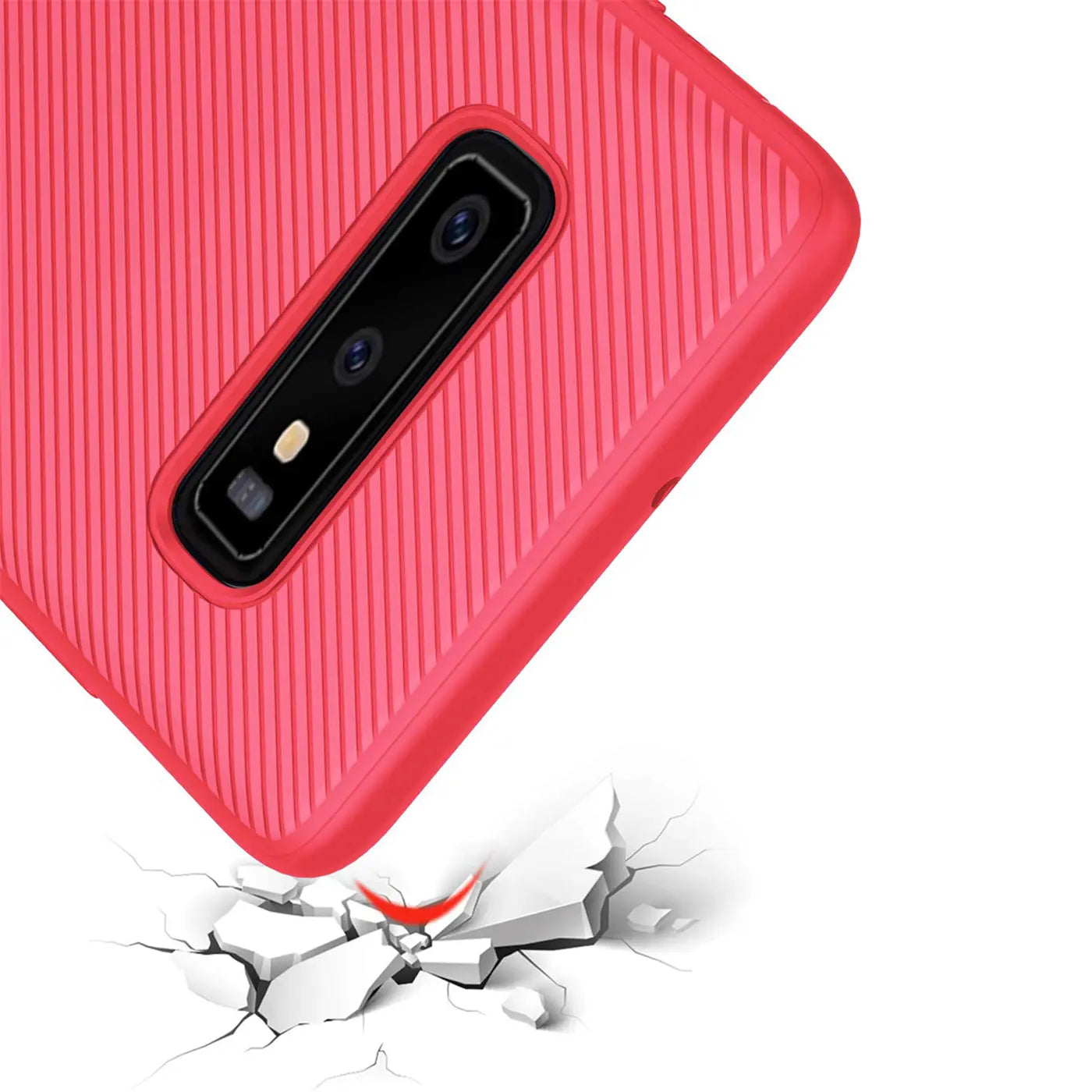 Rote Hülle mit Rillenmuster, Nahaufnahme der Kamera, Samsung S10 Plus, von oben.