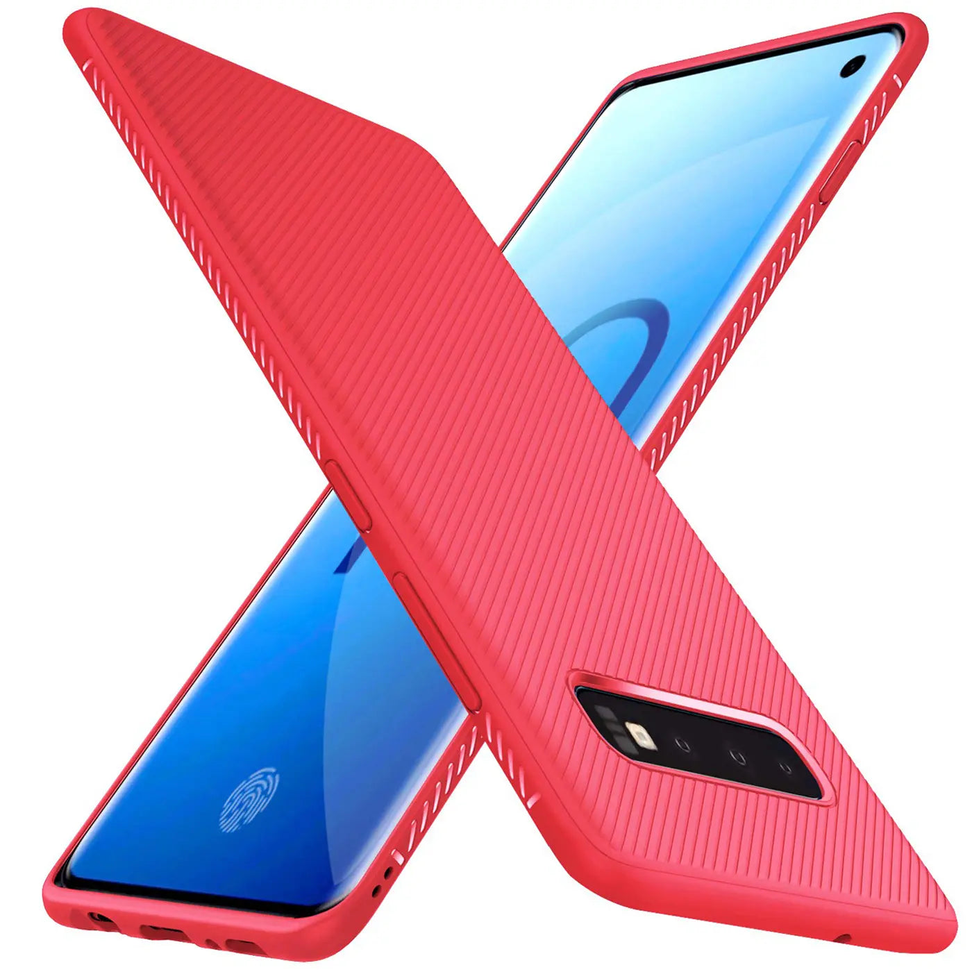 Rote Slim-Hülle aus Kunststoff mit Rillenmuster, schräg von oben, zeigt Samsung Galaxy S10.
