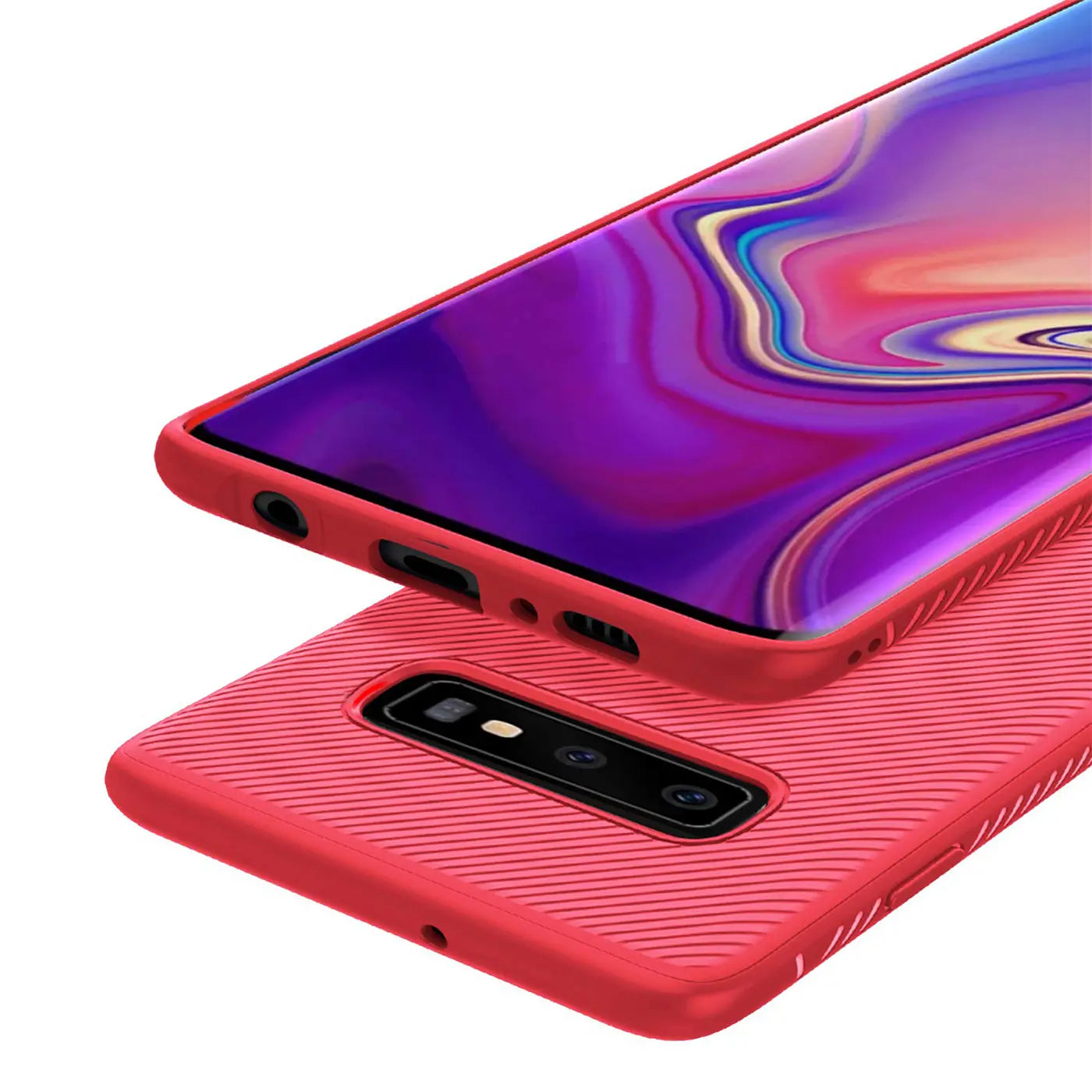 Rote Handyhülle aus Kunststoff mit Rillenmuster, Vorderansicht, Samsung Galaxy S10.