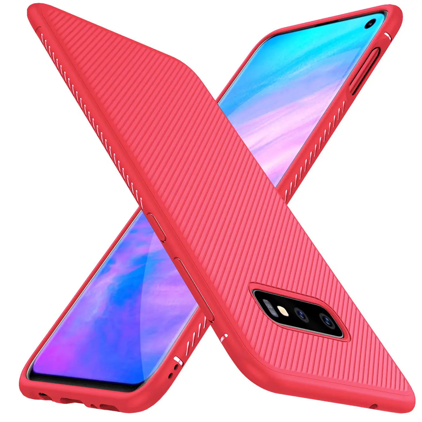 Zwei rote, gerippte Silikonhüllen für das Samsung Galaxy S10e, diagonal gekreuzt, Vorder- und Rückseite sichtbar.
