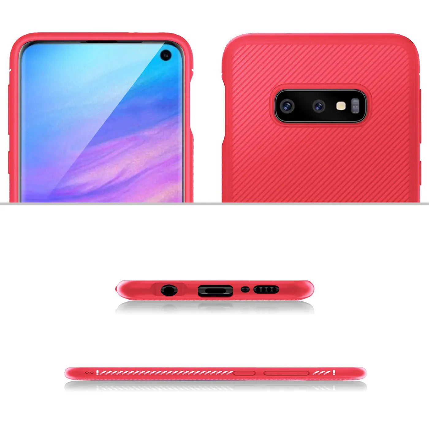 Rote, geriffelte Silikonhülle für Samsung Galaxy S10e, Ansichten von Vorder-, Rück-, Ober- und Unterseite.