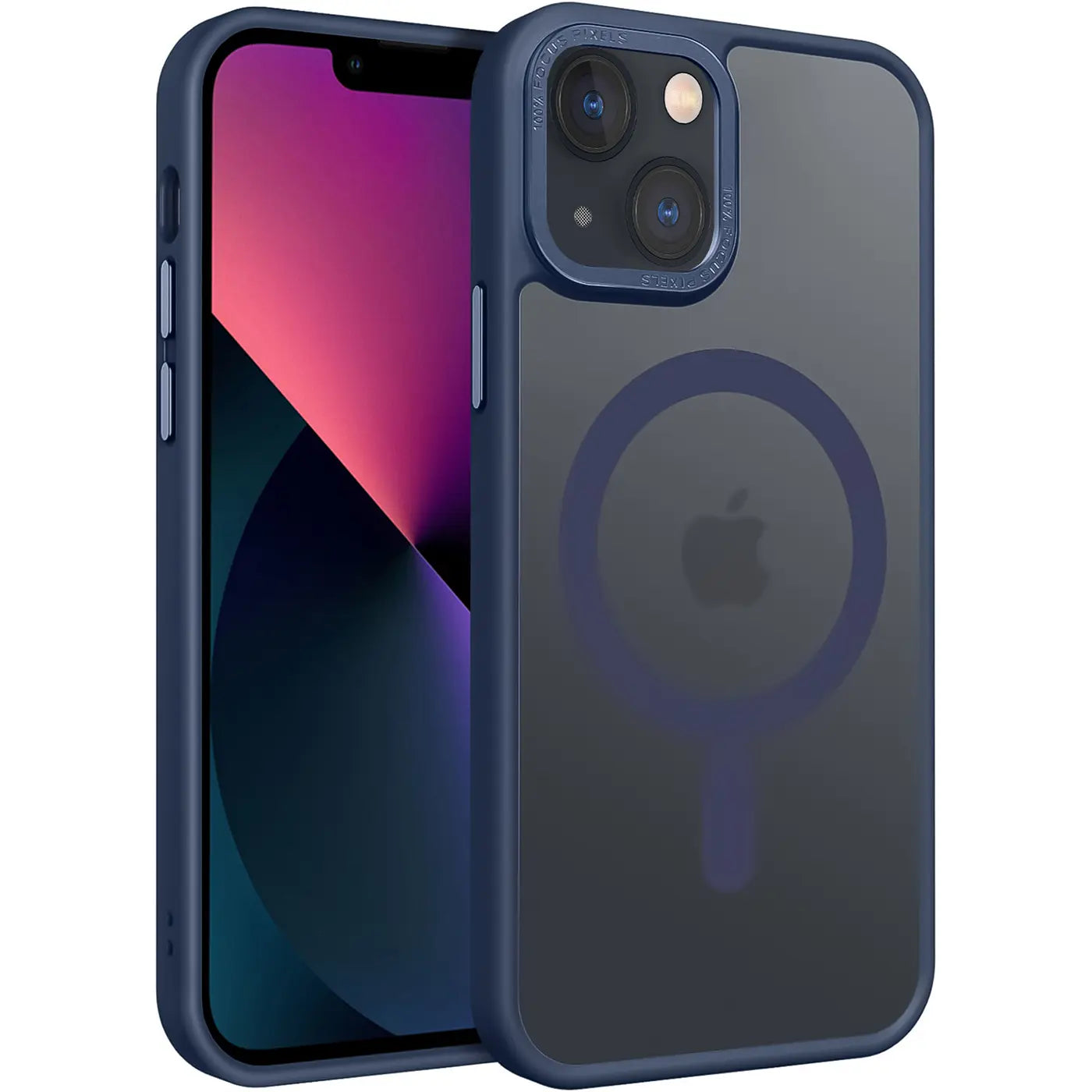 iPhone 13 mit MagSafe Hülle, matt transparent, dunkelblau, Kunststoff, von vorne links