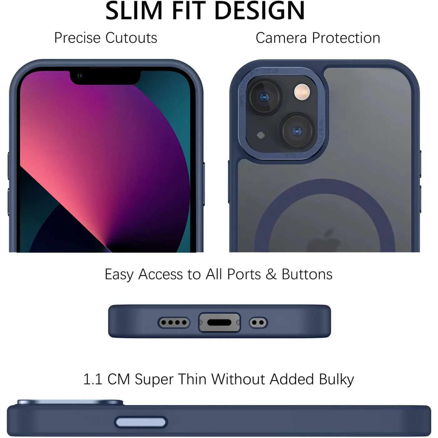 Dunkelblaue MagSafe Hülle, matt transparent, für iPhone 13, verschiedene Ansichten.
