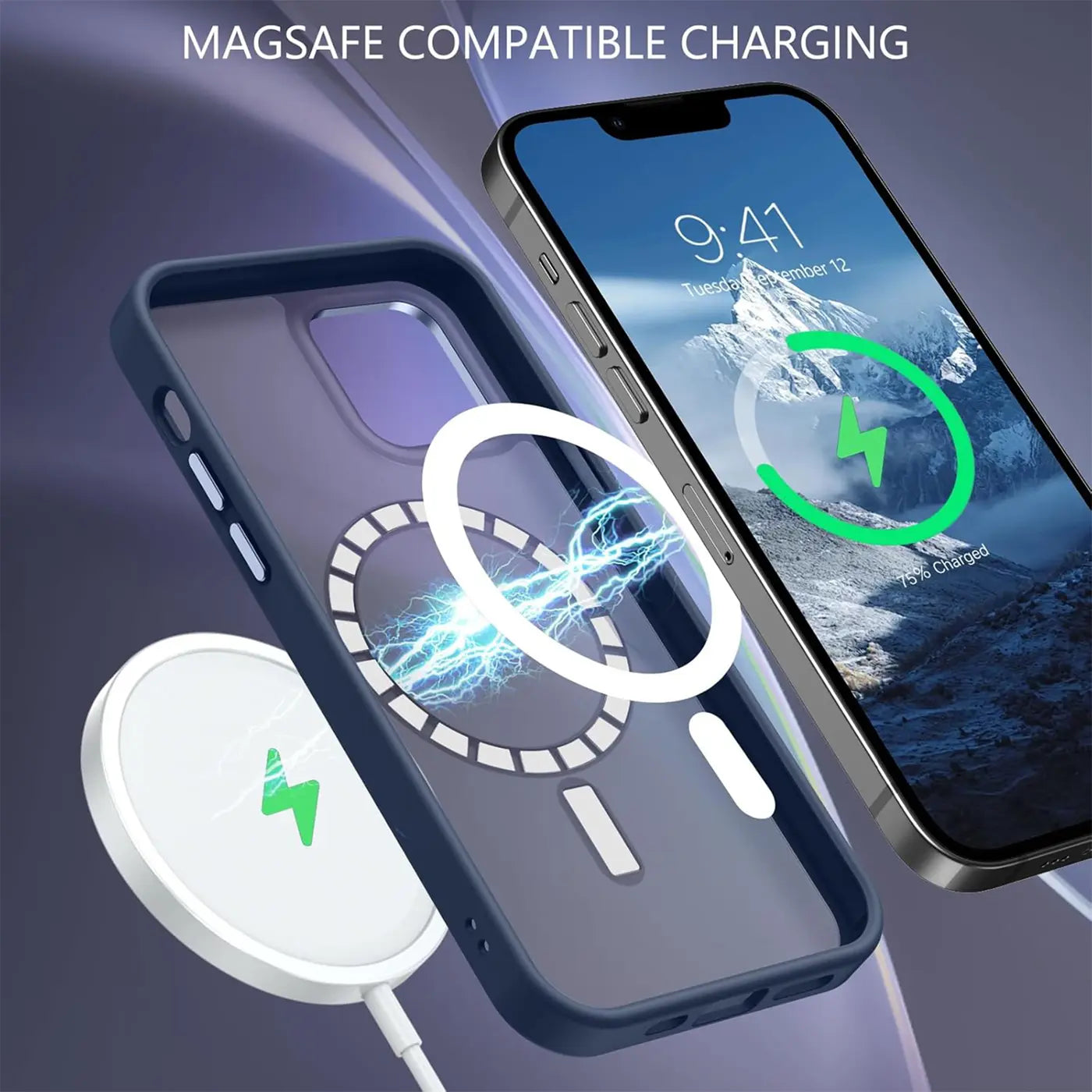 iPhone 13 Hülle, matt transparent, mit MagSafe Lader. Dunkelblau, Kunststoff.