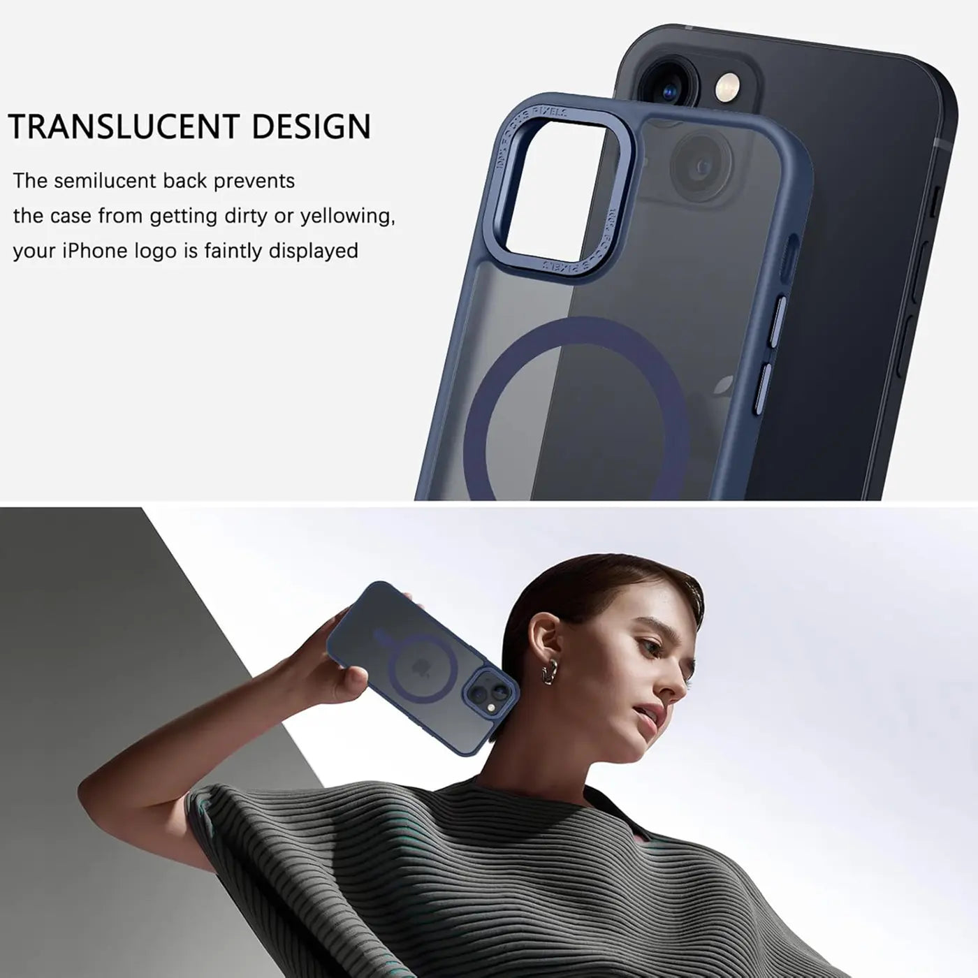 iPhone 13 Hülle, matt transparent, blau, MagSafe, Nahaufnahme