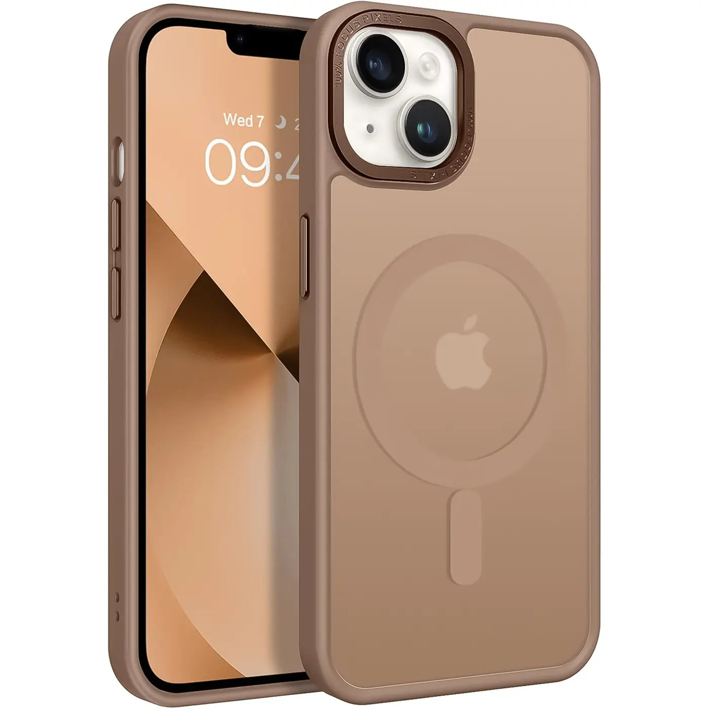 iPhone 13 mit MagSafe Hülle, matt transparent, braun, von vorne links