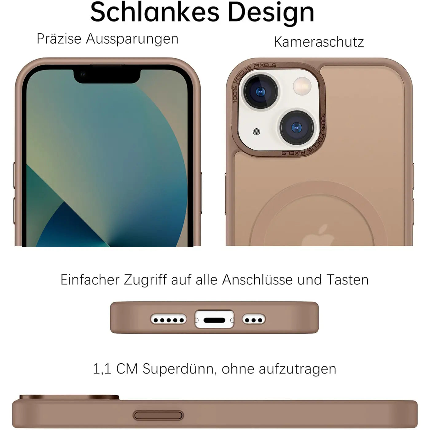 iPhone 13 mit MagSafe Hülle, matt transparent, braun. Vorder- und Rückansicht.