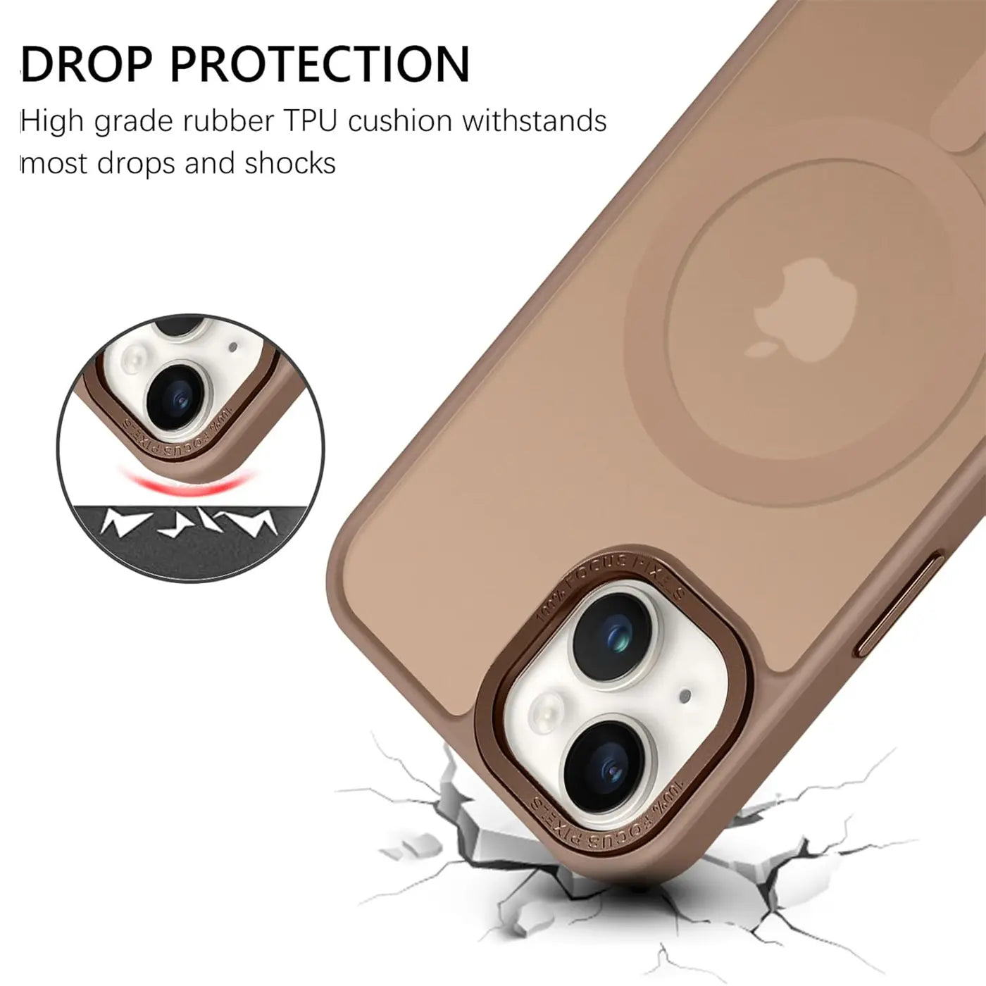 iPhone 13 Hülle, matt transparent, braun, TPU, Rückansicht, MagSafe-Ring