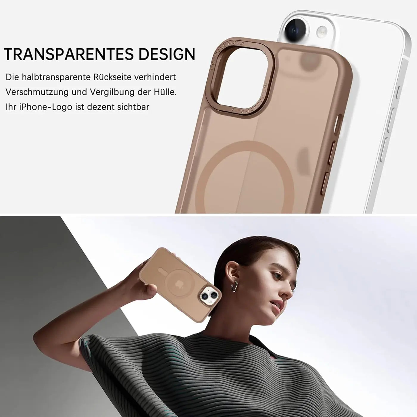 Matt transparente MagSafe Hülle für iPhone 13, von vorne und hinten gezeigt.