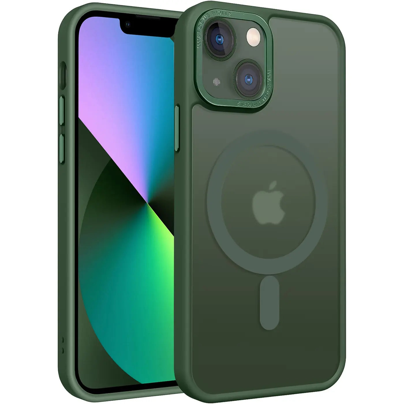 Dunkelgrüne MagSafe Hülle, matt transparent, aus Kunststoff, iPhone 13, von vorne links