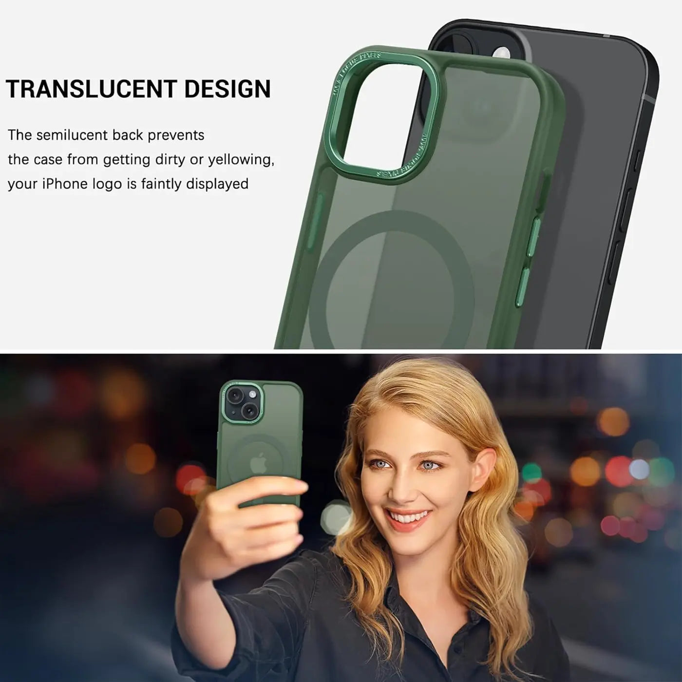 Dunkelgrüne, matte, transparente MagSafe-Hülle für iPhone 13, Nahaufnahme.