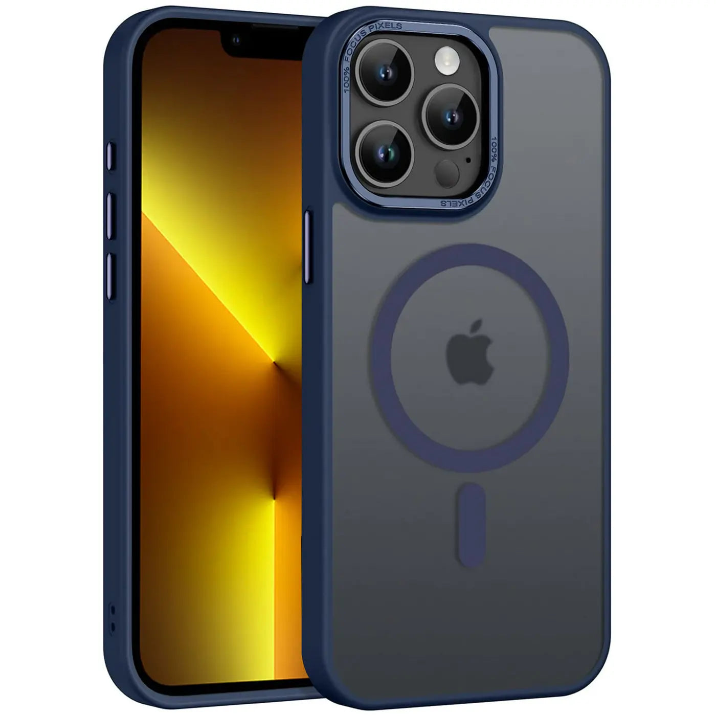 Dunkelblaue MagSafe Hülle, matt transparent, aus Kunststoff, iPhone 13 Pro, von vorne links