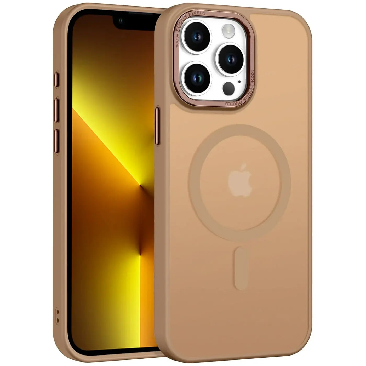 iPhone 13 Pro mit sandfarbener MagSafe-Hülle, matt transparent, von vorne rechts.