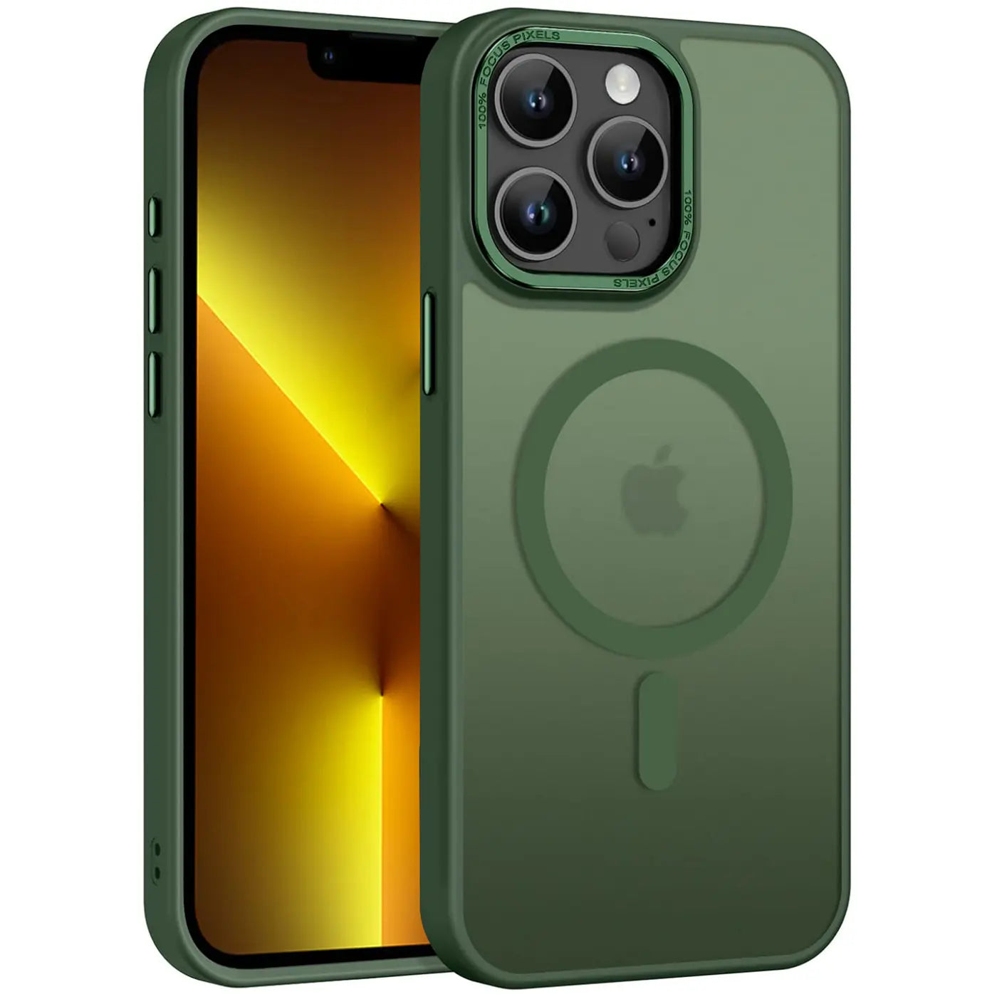Dunkelgrüne MagSafe Hülle, matt transparent, aus Kunststoff, iPhone 13 Pro, von vorne links