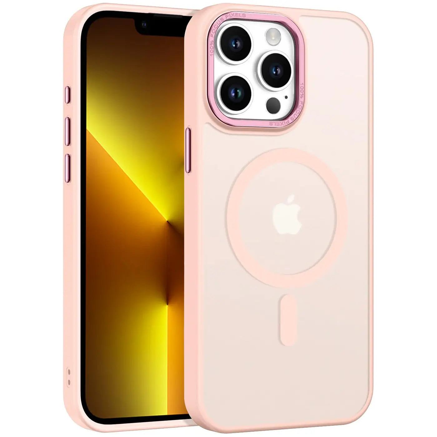 iPhone 13 Pro mit rosafarbener MagSafe-Hülle, matt transparent, von vorne links, mit sichtbarer Kamera.