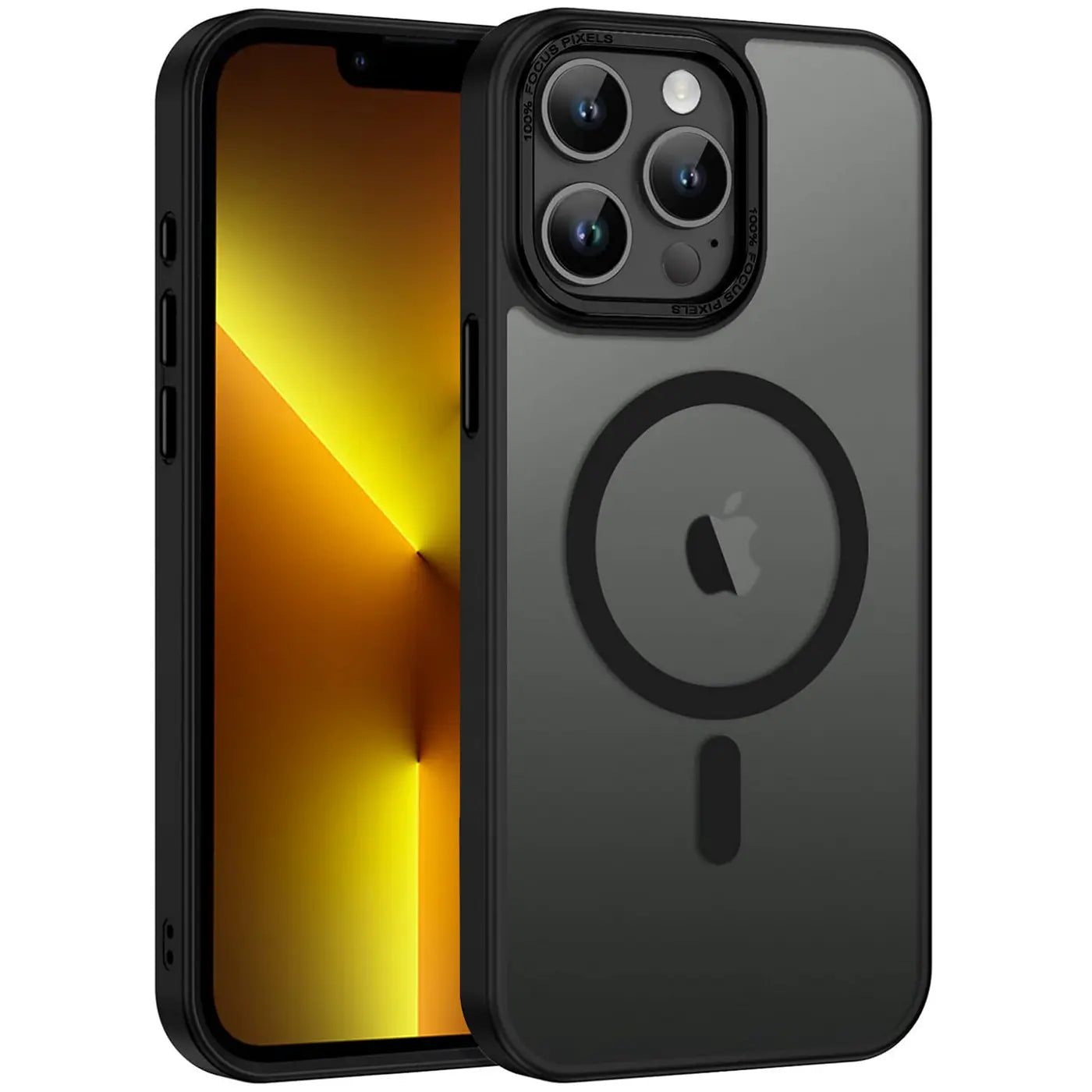 iPhone 13 Pro mit matt transparenter Hülle, schwarz, von vorne links, MagSafe-Ring sichtbar.