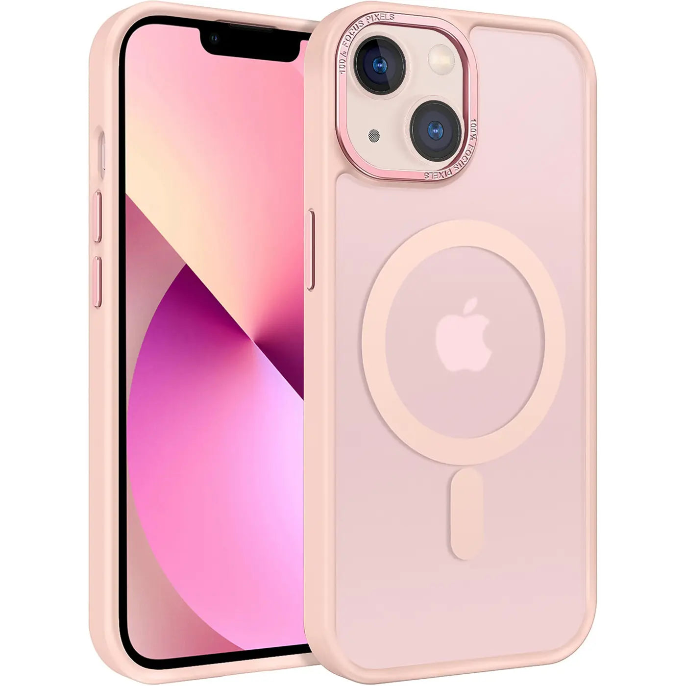 iPhone 13 mit MagSafe Hülle, matt transparent, rosa, von vorne links gezeigt.