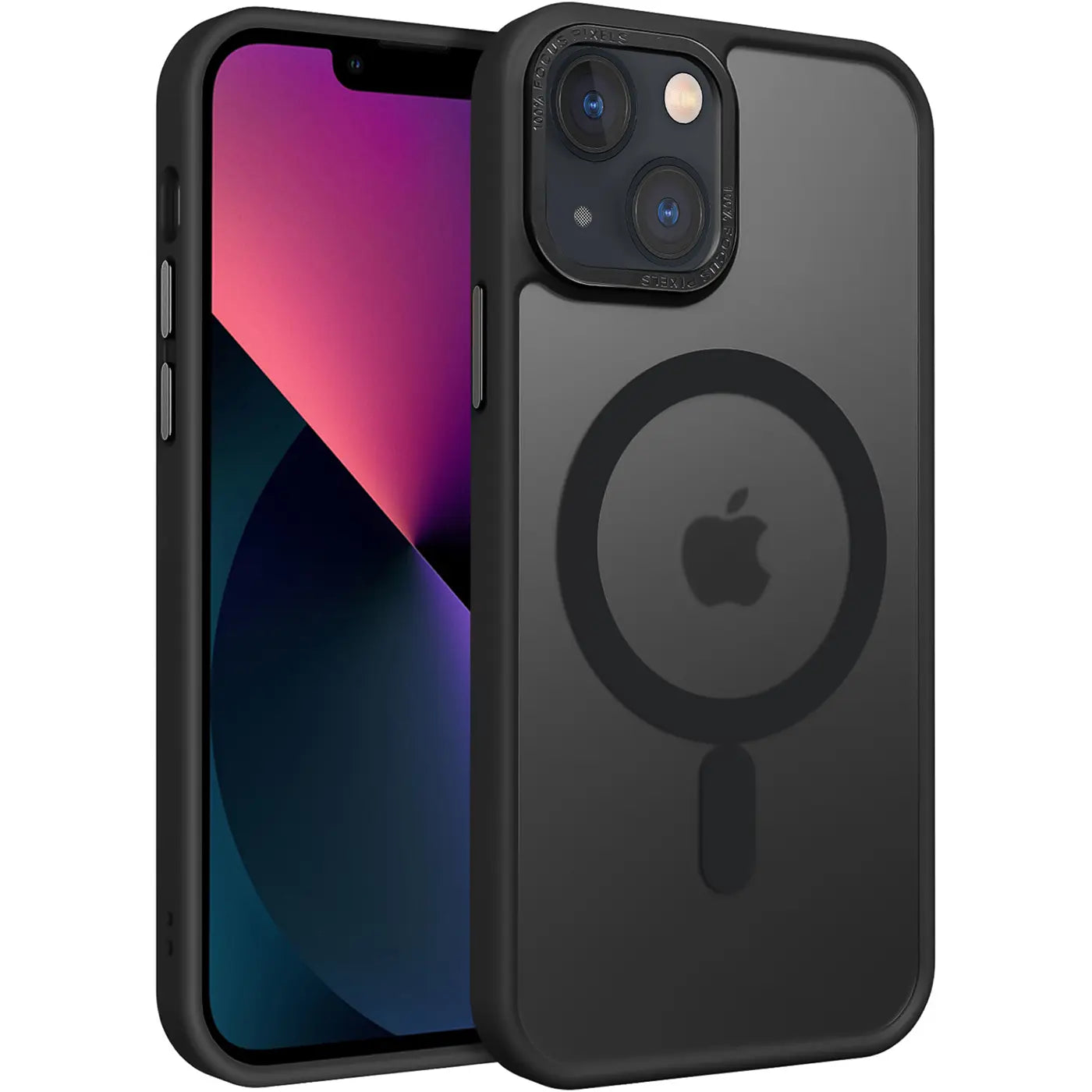Schwarze, matte, transparente MagSafe-Hülle auf einem iPhone 13, Seitenansicht.