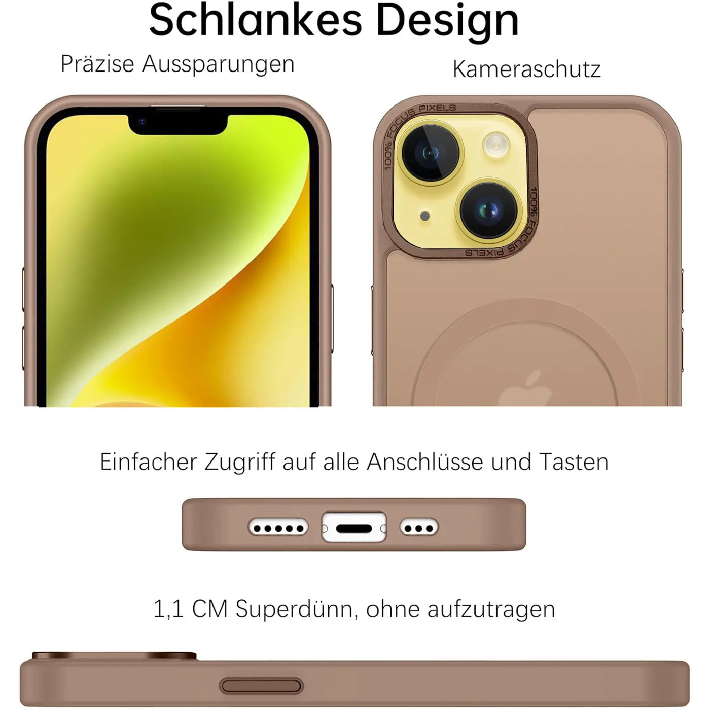 Matt transparente Hülle für iPhone 14, von vorne und hinten gezeigt, mit Ausschnitten.