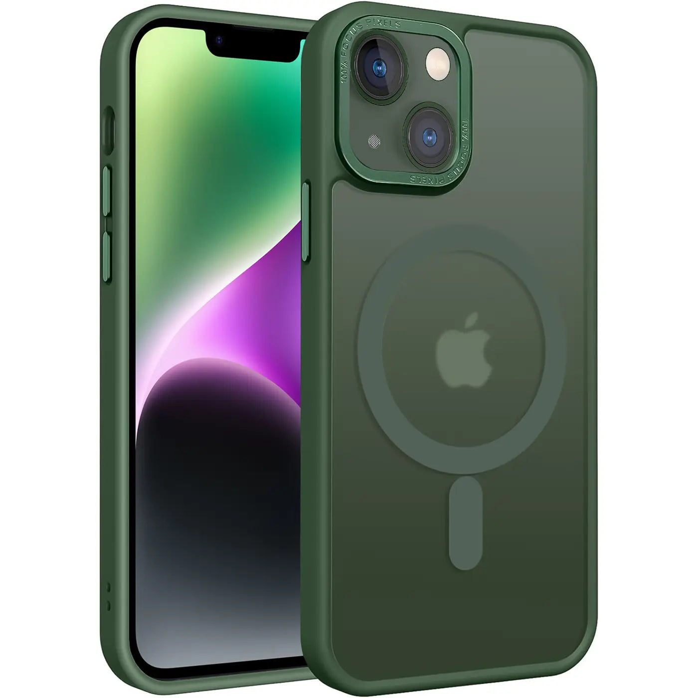 Dunkelgrüne MagSafe Hülle aus mattem Kunststoff für iPhone 14, von vorne links, Nahaufnahme.