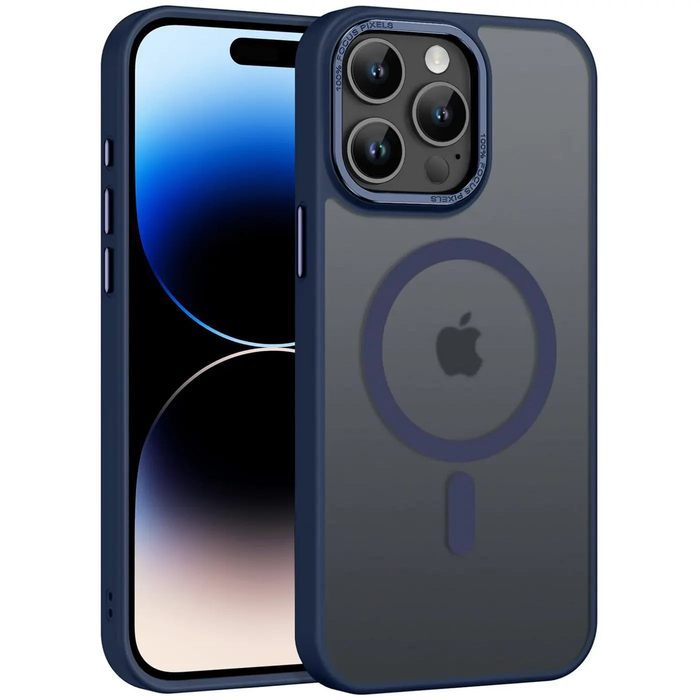 iPhone 14 Pro mit dunkelblauer MagSafe Hülle, matt transparent, von vorne links