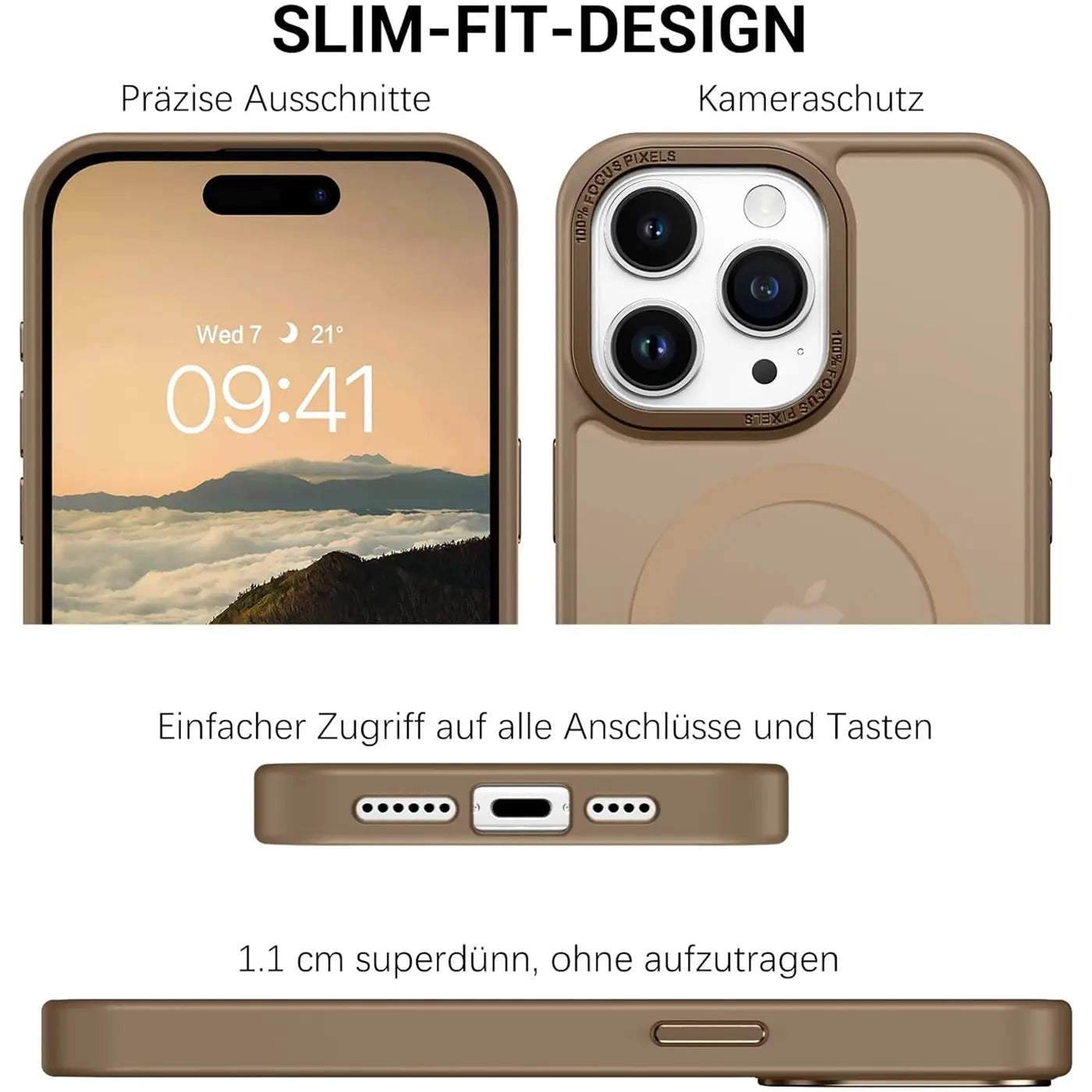 iPhone 14 Pro Hülle, matt transparent, braun. Vorder- und Rückansicht, Unterseite, Seitenansicht.