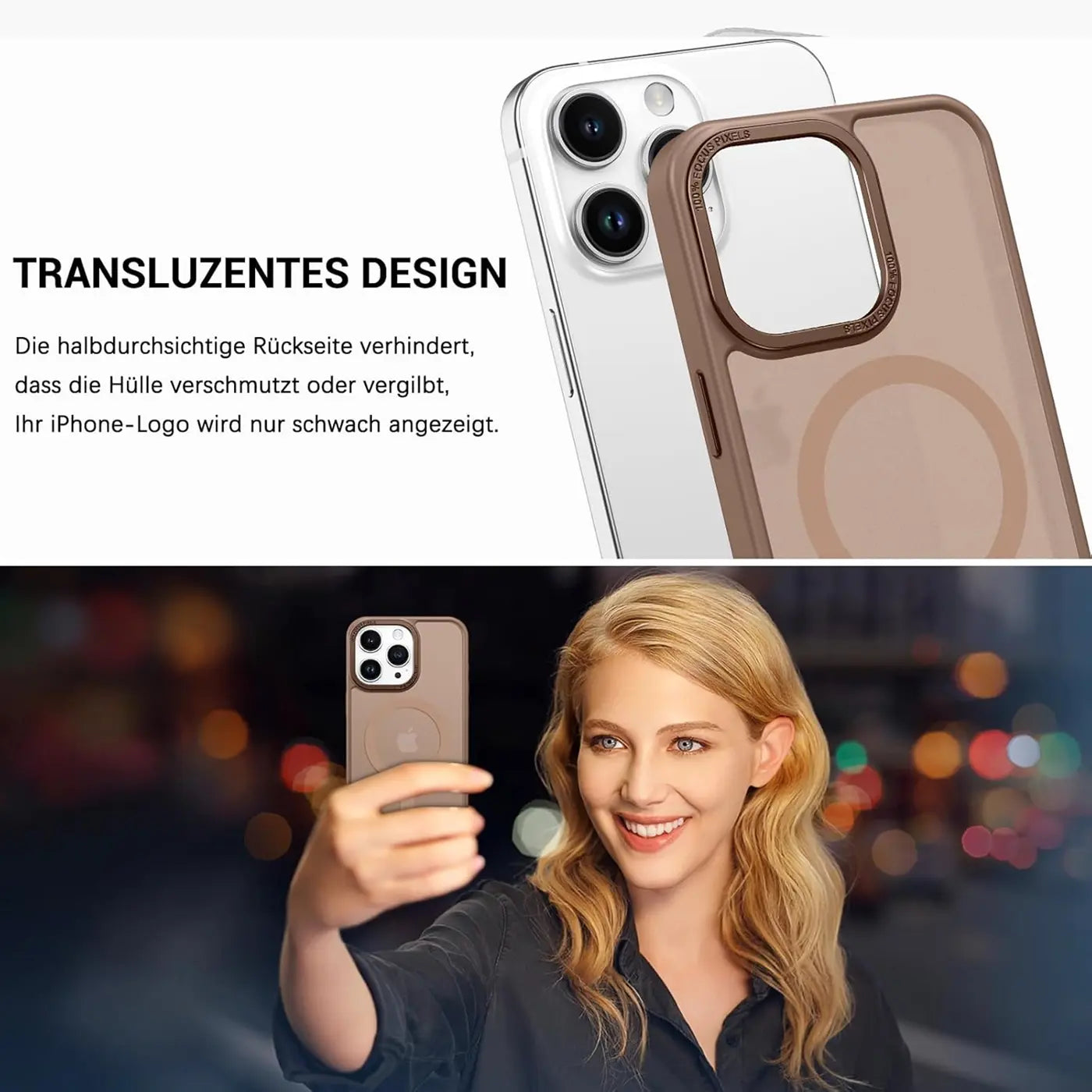 iPhone 14 Pro mit brauner MagSafe Hülle, matt transparent, von vorne, von der Seite.