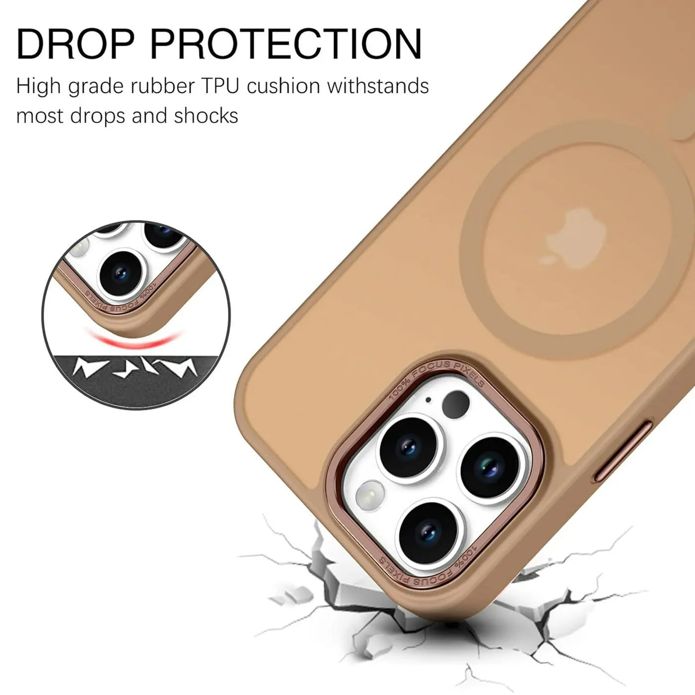 Matt transparente Hülle aus TPU, zeigt iPhone 14 Pro Rückseite, Nahaufnahme.
