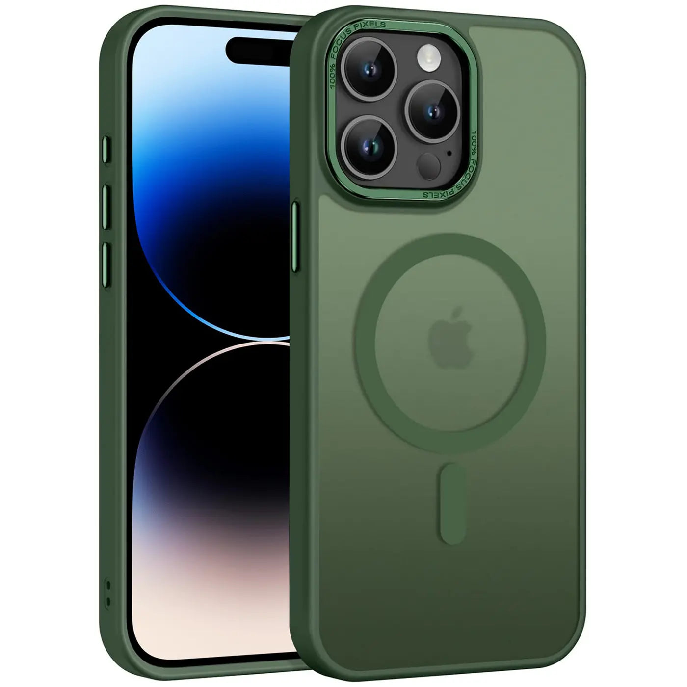 Dunkelgrüne, matte, transparente MagSafe-Hülle aus Kunststoff auf einem iPhone 14 Pro, von vorne.