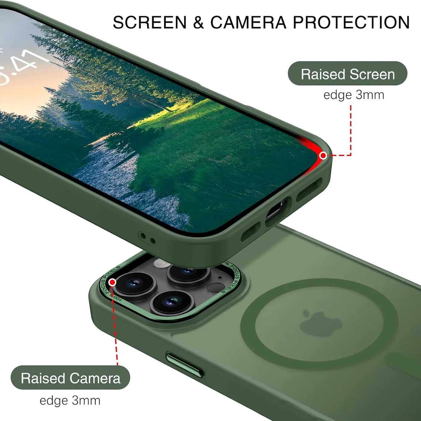 Grüne MagSafe Hülle, matt transparent, zeigt iPhone 14 Pro mit erhöhter Kante.