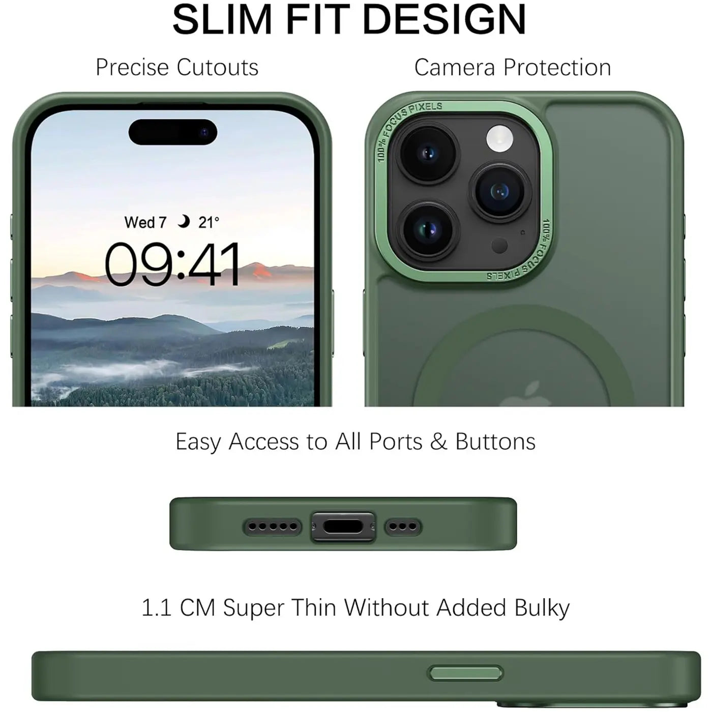 Grüne MagSafe Hülle, matt transparent, zeigt iPhone 14 Pro Vorder- und Rückseite.