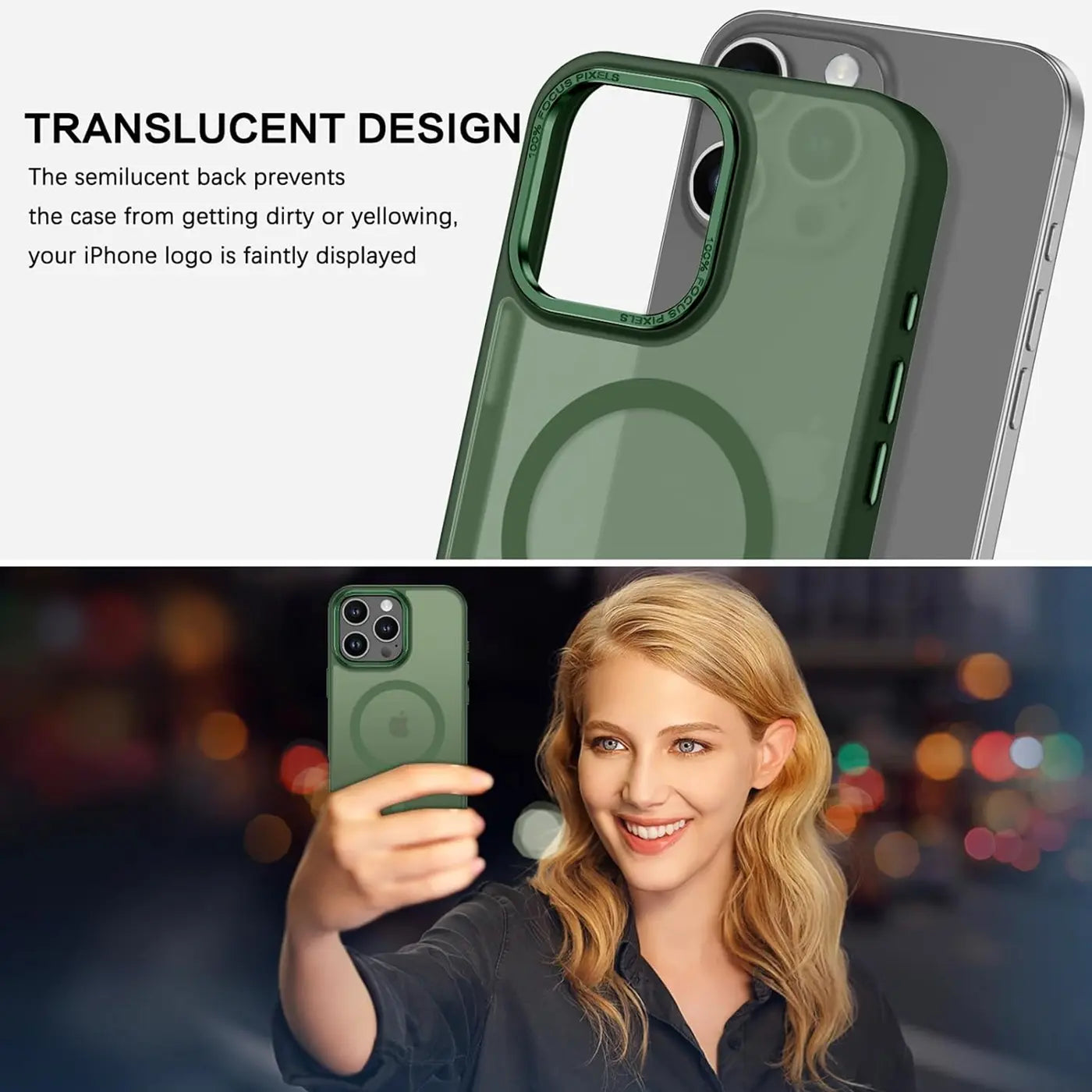 Grüne MagSafe Hülle, matt transparent, zeigt iPhone 14 Pro von hinten, Nahaufnahme.