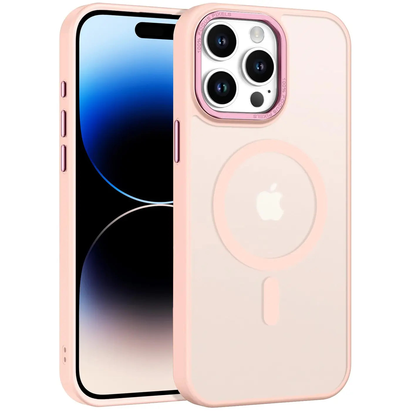 iPhone 14 Pro mit MagSafe Hülle, matt transparent, rosa Rahmen, von vorne links