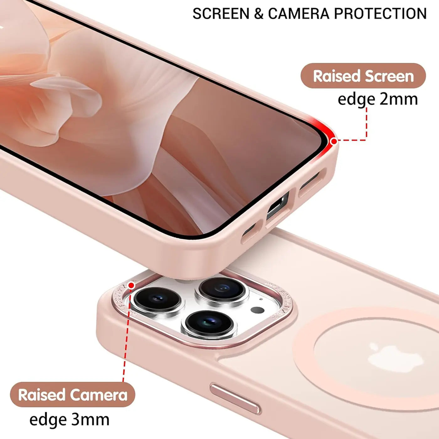 Matttransparente Hülle in Rosé für iPhone 14 Pro, von oben/seitlich, mit erhöhten Kanten.