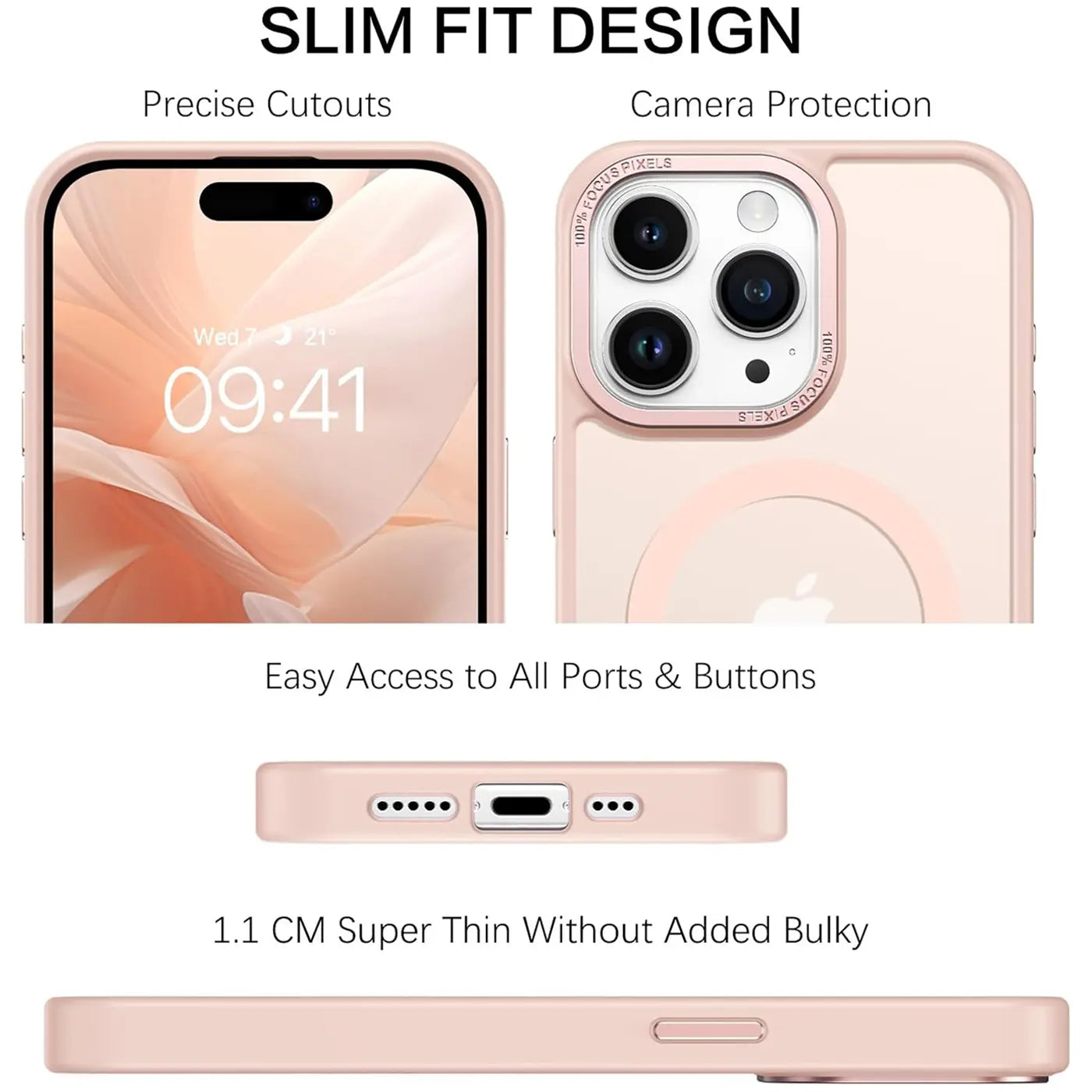 Matt transparente Hülle für iPhone 14 Pro, rosa, von vorne und hinten gezeigt.